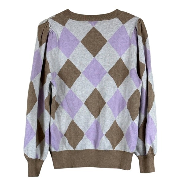 Loft Pullover Sweater Womens XL Tan Purple‎ Argyle Cotton Puff Sleeve Preppy - Picture 4 of 7